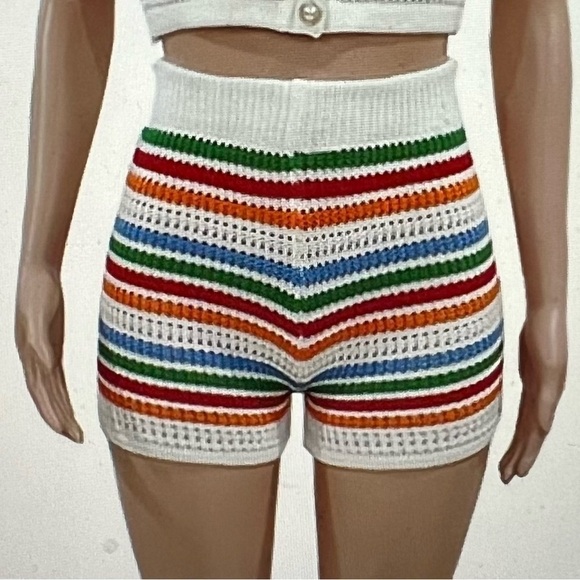 Crochet Knitted Sexy Stripe Button Shorts – 100% Polyester (Size L, New Without - Picture 1 of 7